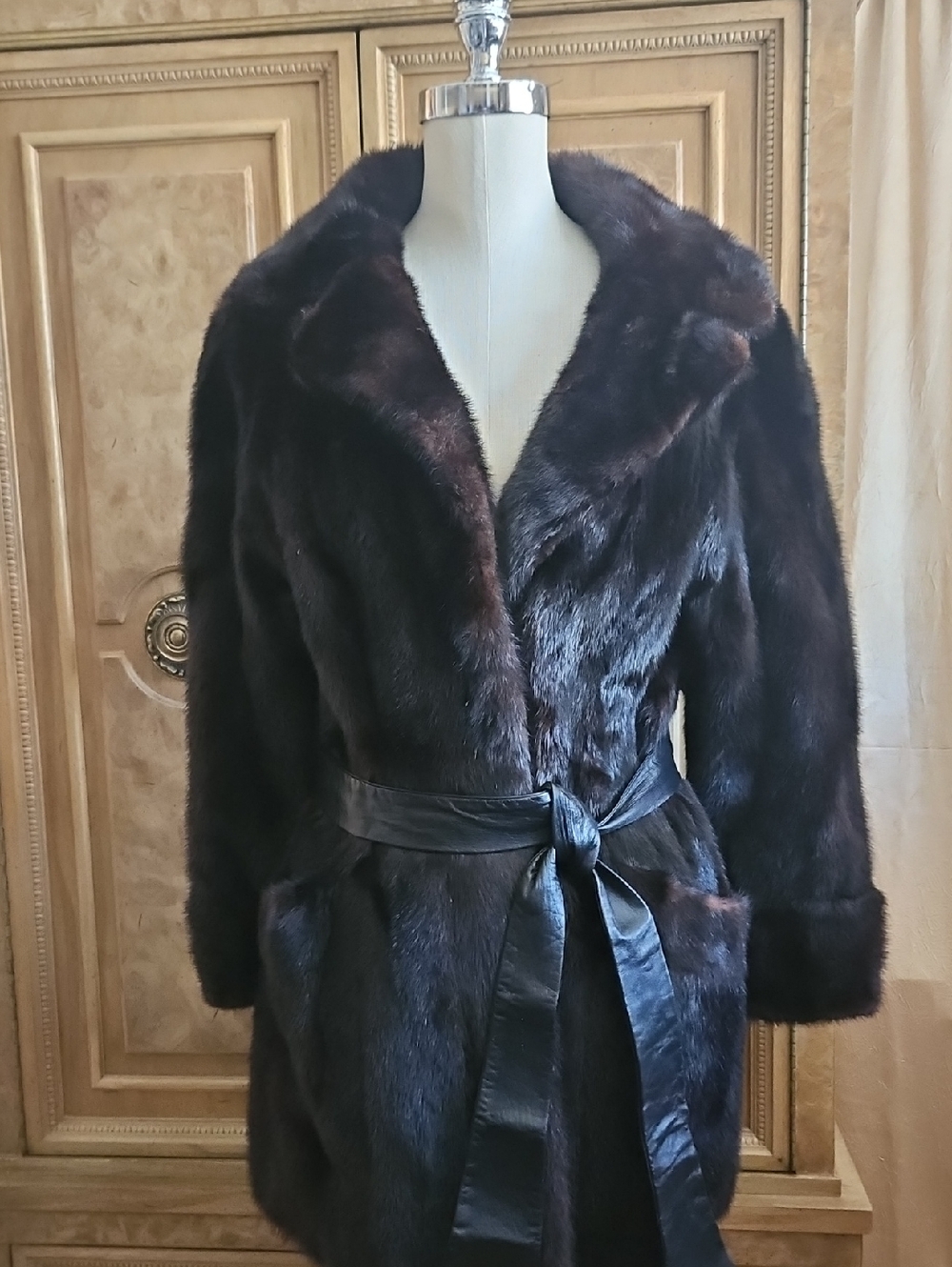 Luxurious Custom Made Dark Brown Ranch Mink Fur Coat with Black Leather Belt